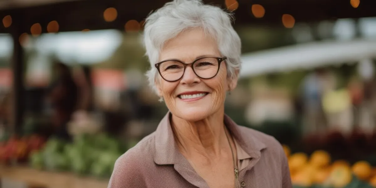 pet portrait photography of a grinning woman in her 60s wearing