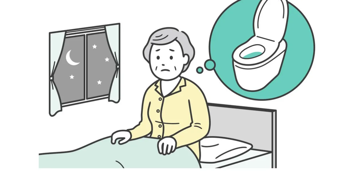 illustration of an elderly woman suffering from frequent urination at night, feeling stressed because she feels the need to urinate while sleeping