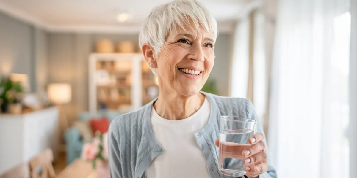 close up portrait of one senior woman with short hair happy smile positive emotion copy space standing at home indoor gray white hair hold glass of water