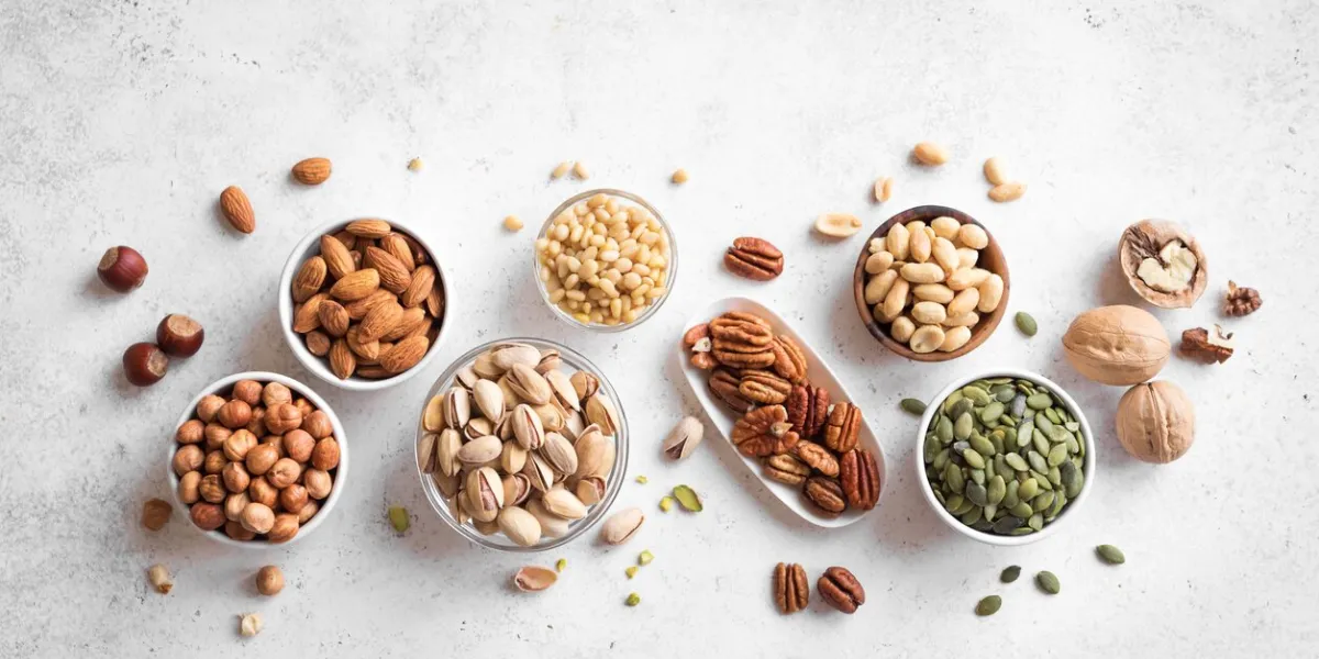 various nuts in bowls on white background, top view, copy space nuts assortment - pecans, hazelnuts, walnuts, pistachios, almonds, pine nuts, peanuts, pumpkin seeds