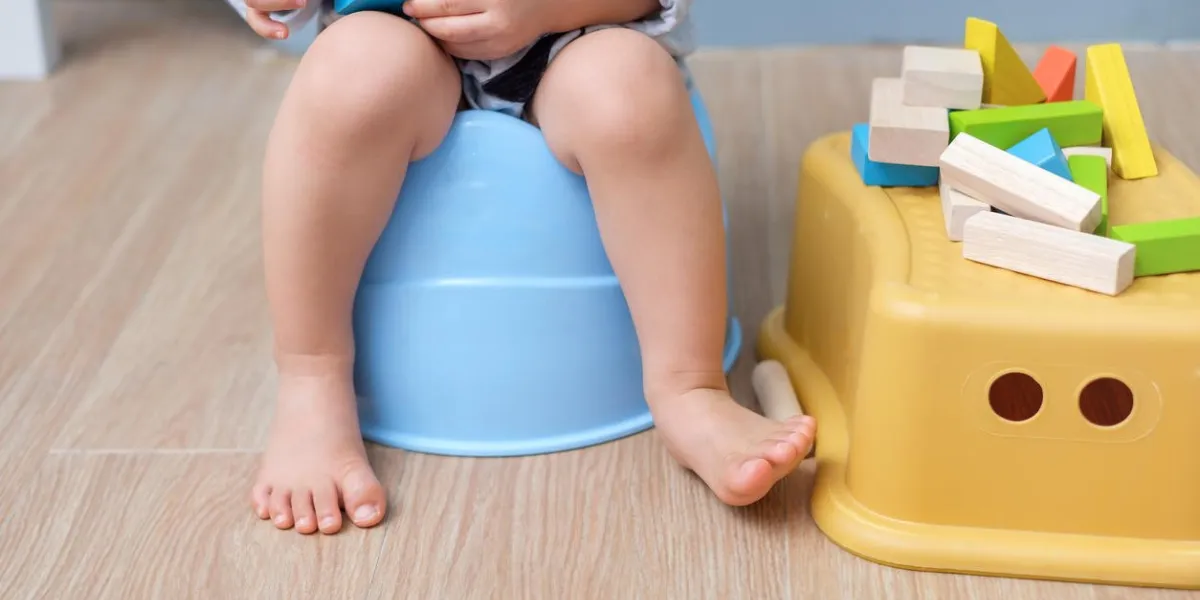 closeup of legs of cute little asian 18 months old toddler baby boy child sitting on potty playing with wooden blocks toy kid playing with educational toy & toilet training concept - selective focus