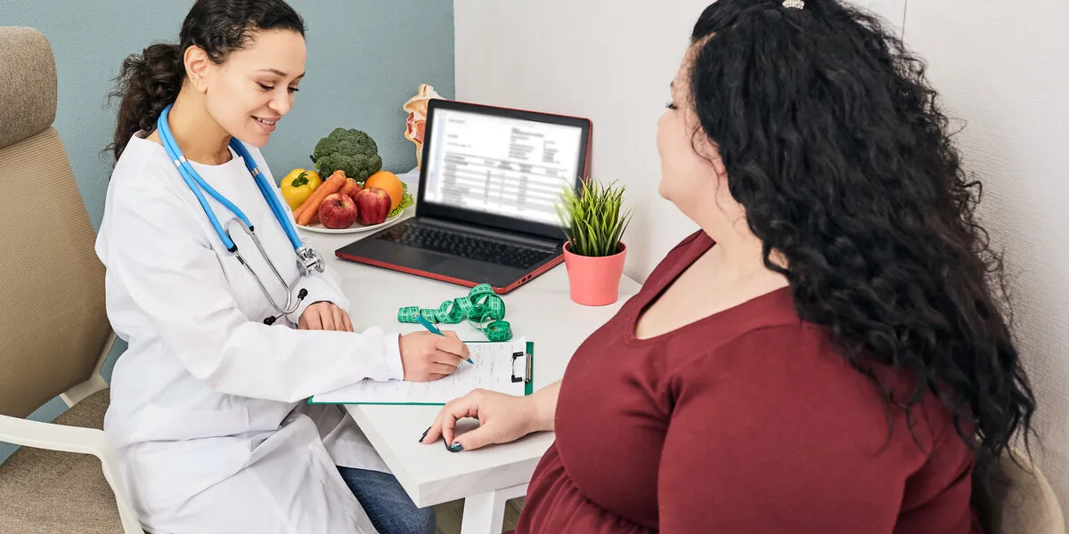 obesity, unhealthy weight nutritionist calculating body mass index of fat woman for obesity treatment