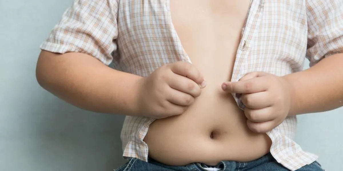 gros garçon en surpoids chemise serrée sur fond gris