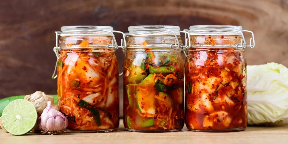various kimchi (kimchi cabbage, cucumber and radish) in jar, korean food