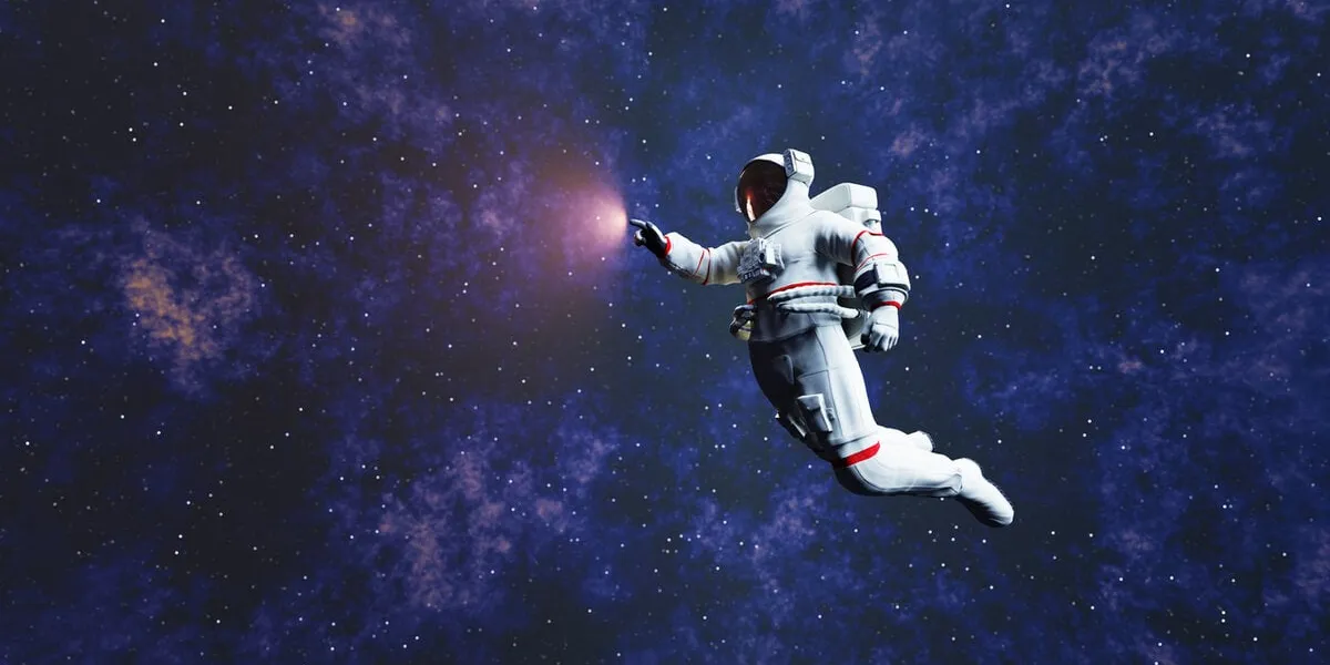 astronaut spacewalk in space and touching orb of light 3d render
