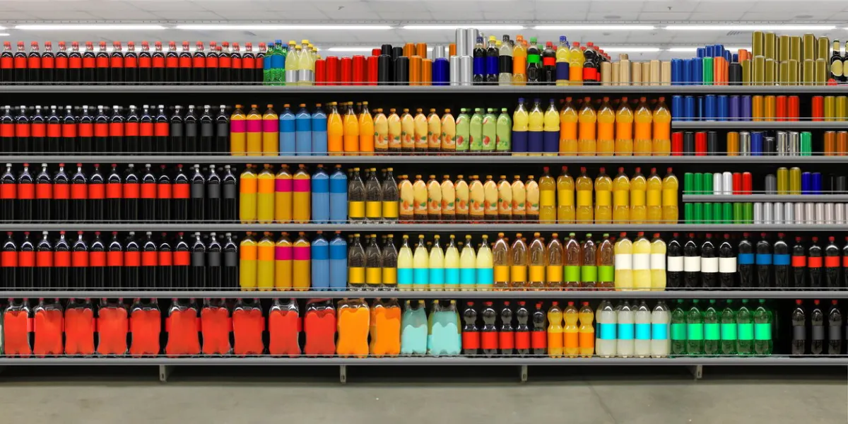 soda pop cans and plastic cola bottles on shelvessuitable for mockup and business presentation