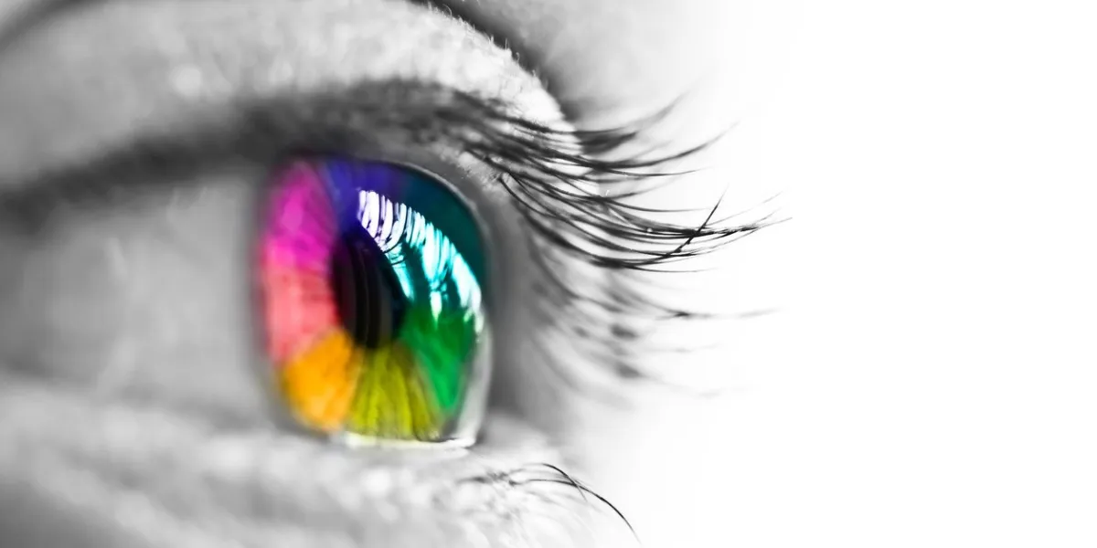girl colorful and natural rainbow eye on white background