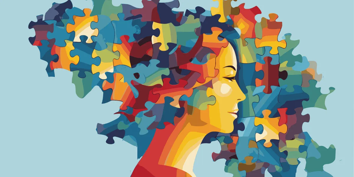 woman with a puzzle brain concept for neurodiversity, disability pride month, world brain day, mental health and brain neurological health