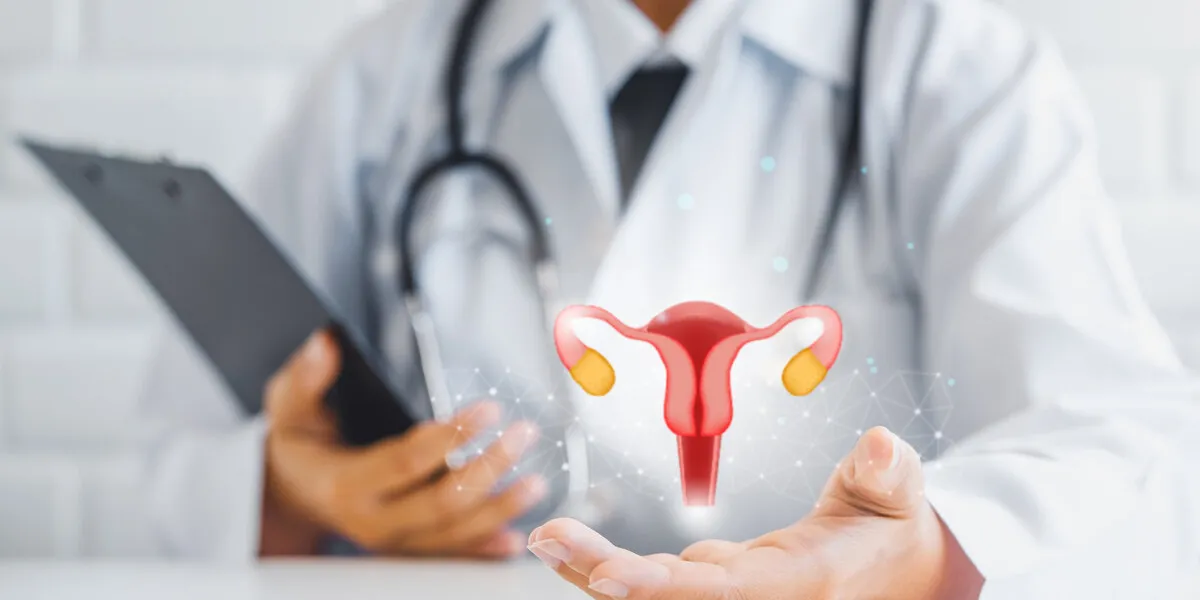 healthy feminine concept doctor holding virtual uterus reproductive system , woman health, pcos, ovary gynecologic and cervix cancer gynecological care