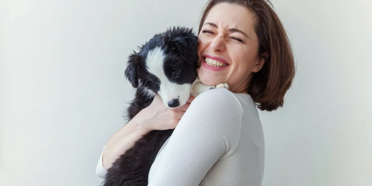 smiling young attractive woman embracing cute puppy dog border collie isolated on white background girl huging new lovely member of family pet care and animals concept