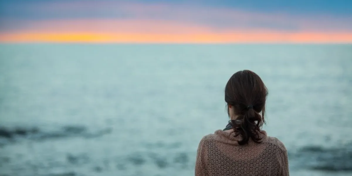 a young woman watches the last of the sunset at the ocean a brunette woman viewd from behind, enjoys the sunset colours at the seaside