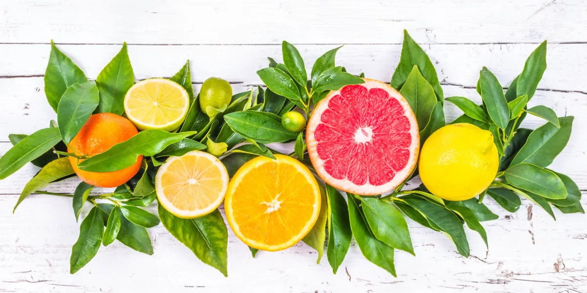 fresh citrus fruits on white wood background