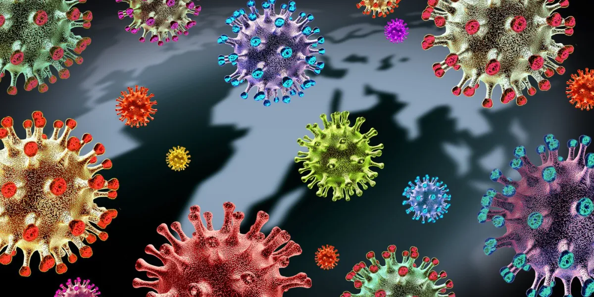 global virus variant and mutating cells concept or new coronavirus b117 variants outbreak and covid-19 viral cell mutation as an influenza background with dangerous flu strain as a medical health risk as a 3d render