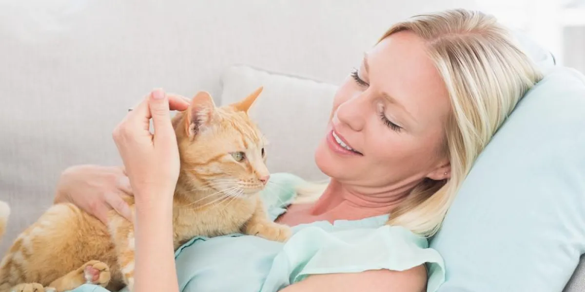 femme caresser le chat en position couchée sur le canapé