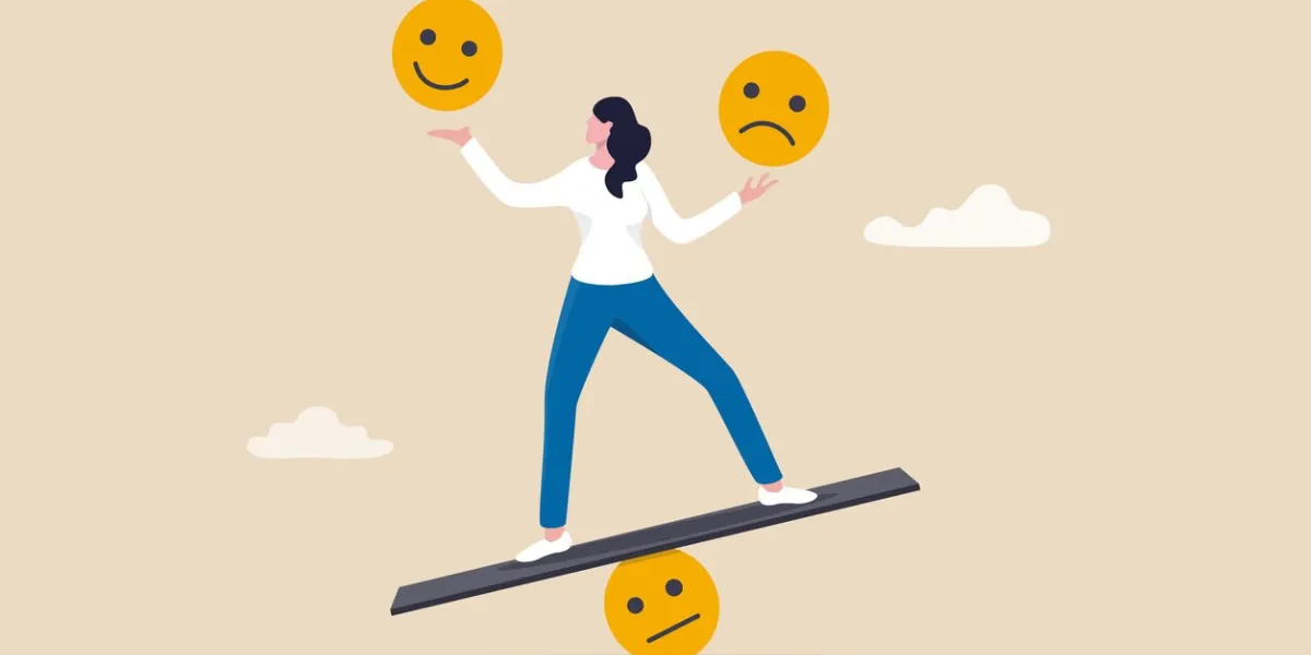 emotional intelligence, balance emotion control feeling between work stressed or sadness and happy lifestyle concept, mindful calm woman using her hand to balance smile and sad face