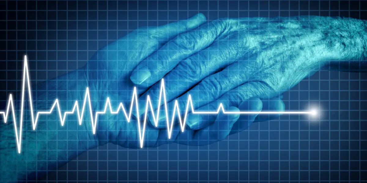 euthanasia terminally ill patient ending of life concept as a medical intervention to end pain and suffering as a health care symbol as the hand of an elderly person with an ecg or ekg flatline on a monitor graph in a 3d illustration style