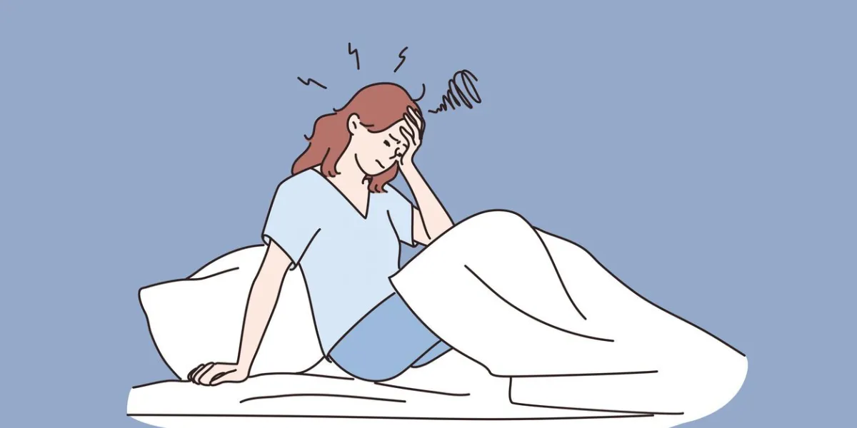 mental disorder, loneliness, depression concept sad unhappy woman staying in bed in her bedroom waking up with headache, fatigue, migraine or suffering from insomnia vector illustration