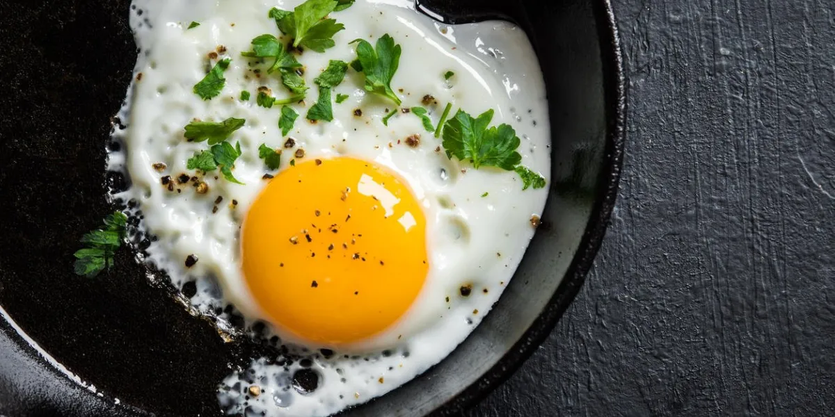 fried egg close up view of the fried egg on a frying pan salted and spiced fried egg with parsley on cast iron pan and black background