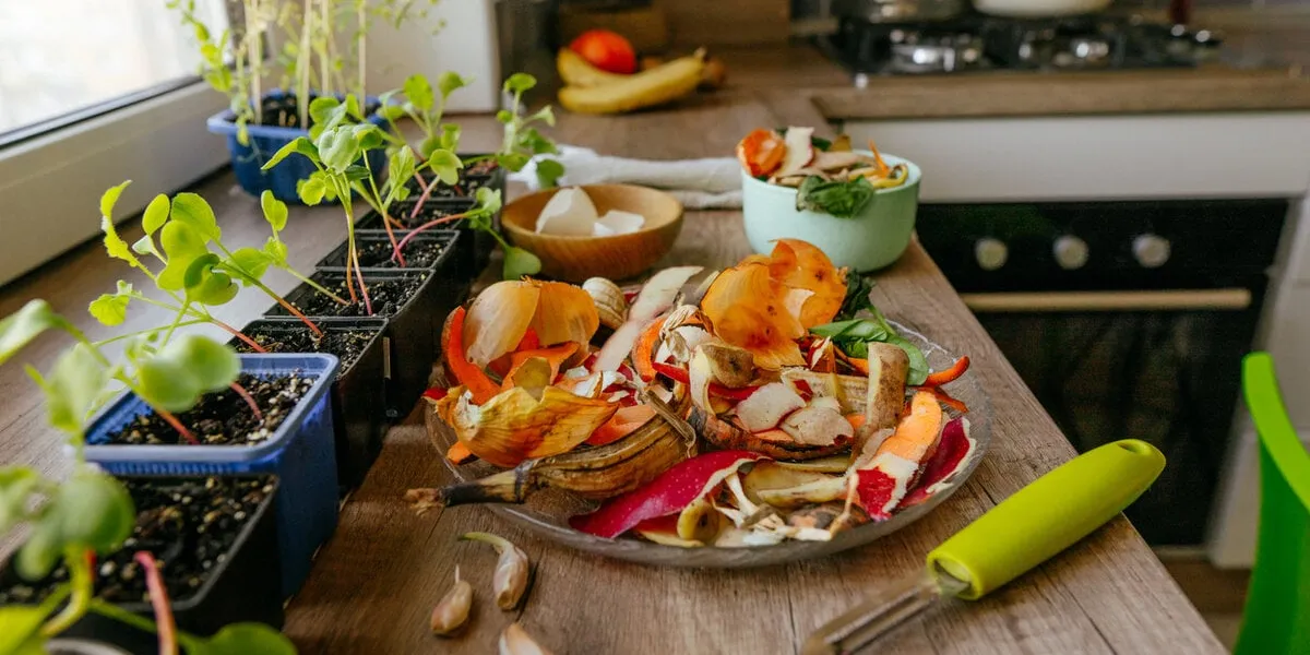 fruits and vegetable peelings and eggshells on the kitchen wooden table ready to compost selective focus