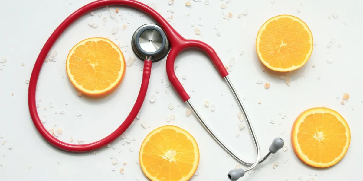 stethoscope with fresh orange slices, concept for diet, healthcare, nutrition or medical insurance