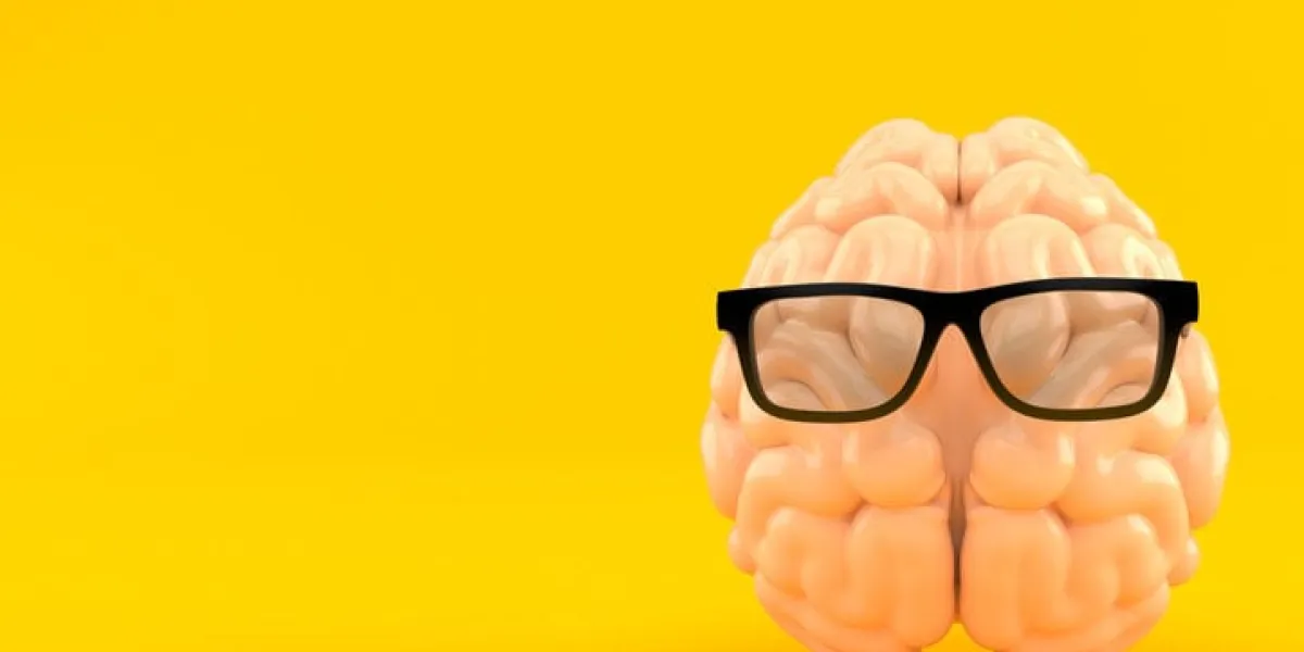 glasses with brain isolated on orange background 3d illustration