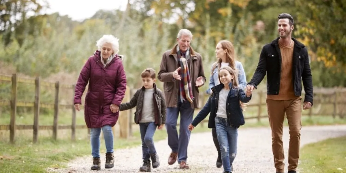 multi generation family on autumn walk in countryside together