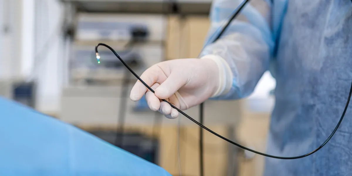 manipulator digital endoscope for diagnostics of hollow organs, colonoscopy, gastroscopy selective focus on doctor's hands