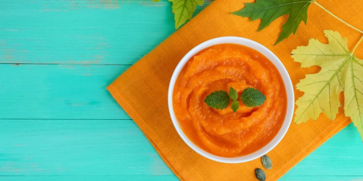 organic pumpkin puree (soup) in a white bowl dietary dish baby food the top view