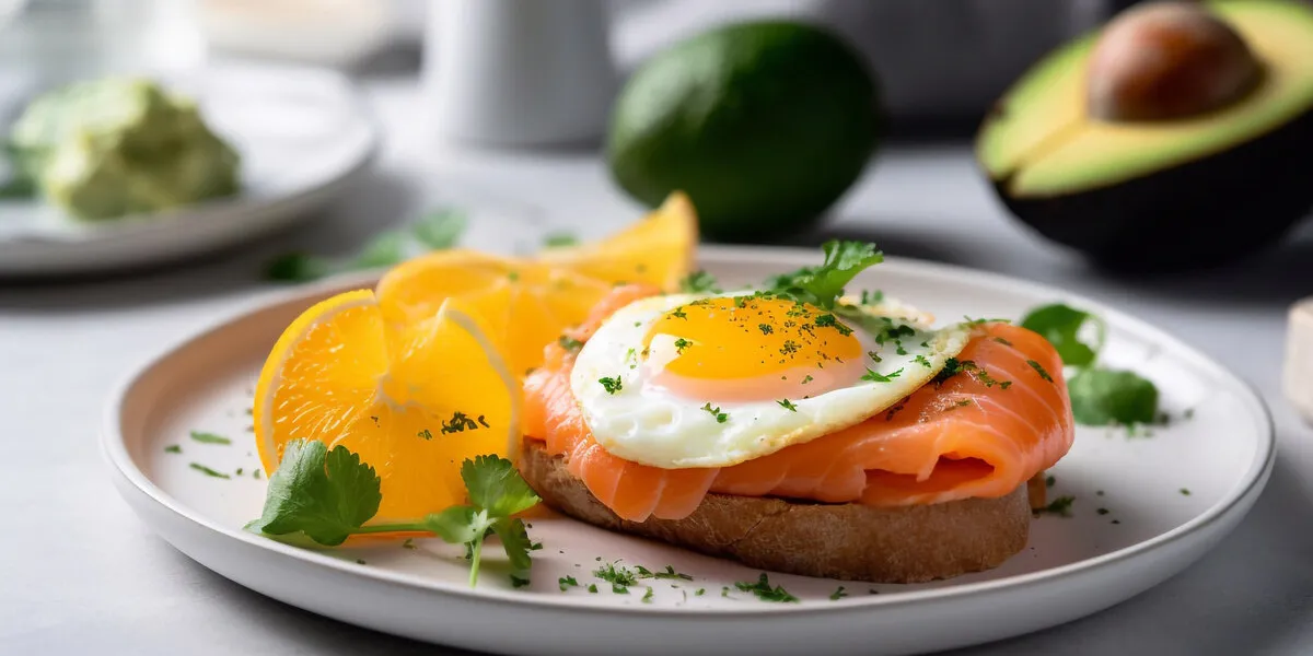 healthy keto breakfast with eggs, salmon and avocado on a plate, restaurant serving generative ai
