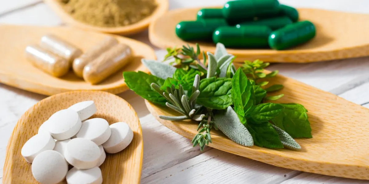 herbal leaves, ground herb powder and medicament pills on bamboo spoons, white wooden table