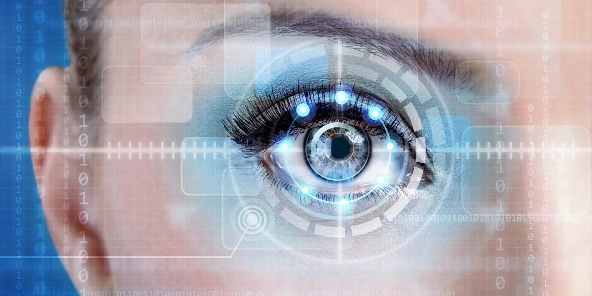 technology scan female eye for security or identification, eye with scanner and computer interface