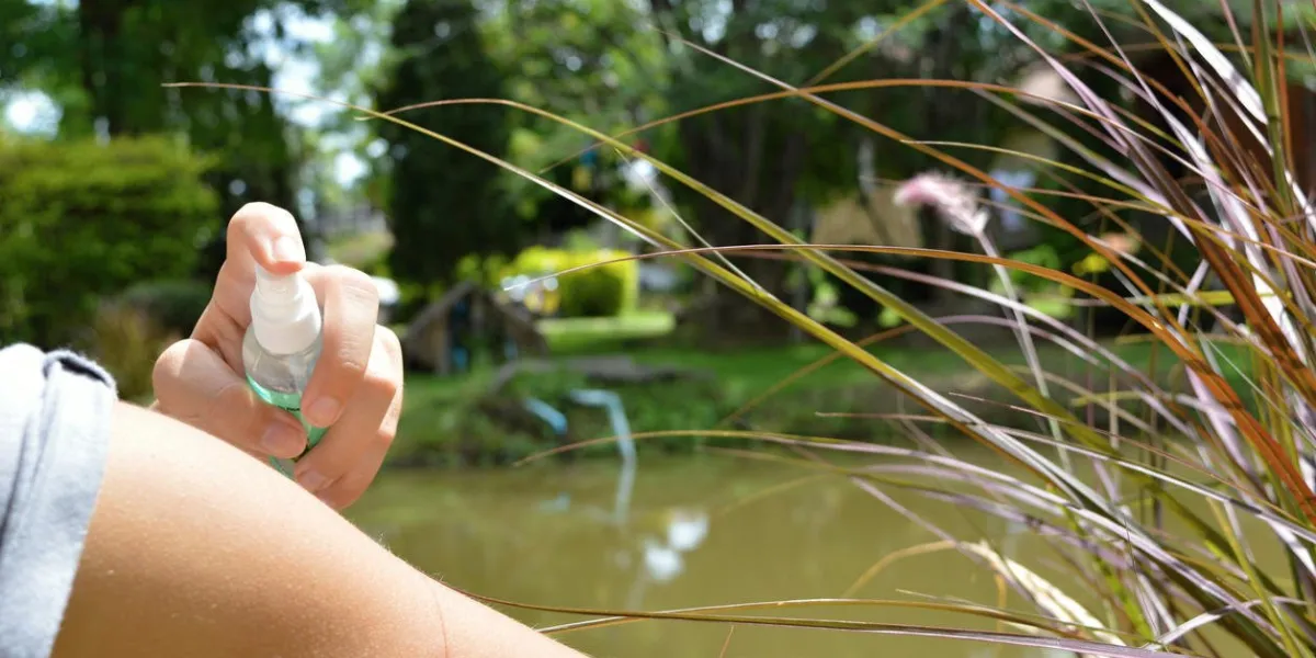 femme, pulvérisation, anti-moustique, sur, peau, quoique, séance, lac