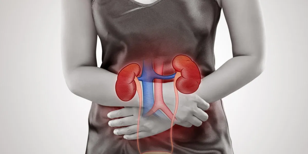 the woman has kidney disease and stomach ache, on gray background