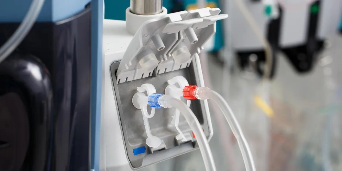 hemodialysis bloodline tubes connected to hemodialysis machine health care, blood purification, kidney failure, transplantation, medical equipment concept