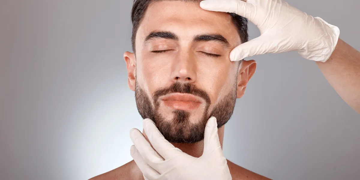 plastic surgery, cosmetics and man with doctor hands in studio mockup for botox, aesthetic or facial dermatology for medical or beauty mesotherapy, hyaluronic acid or collagen of young model face