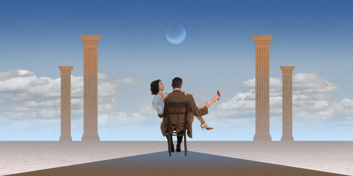 couple, man and woman sitting on chair surrounded by classical columns under clear sky contemporary art collage romantic alternate reality concept of surrealism, creative vision poster