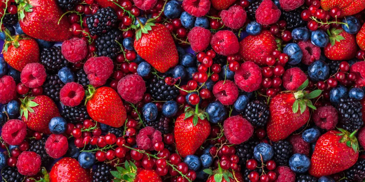 forest fruit berries overhead assorted mix in studio on dark background with raspberries, blackberries, blueberries, red currant