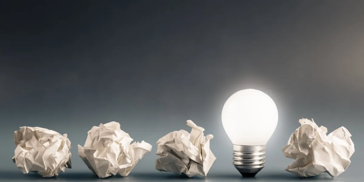 small light bulb glowing in a row of crumpled paper balls, inspiration, problem and solution concept