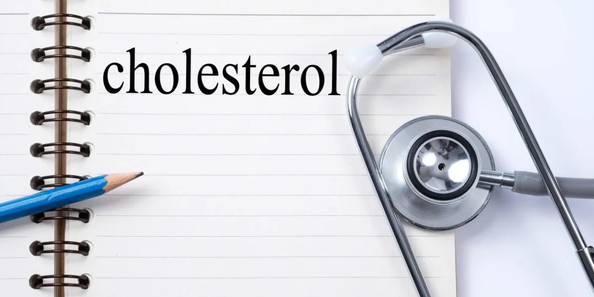 stethoscope on notebook and pencil with cholesterol words as medical concept