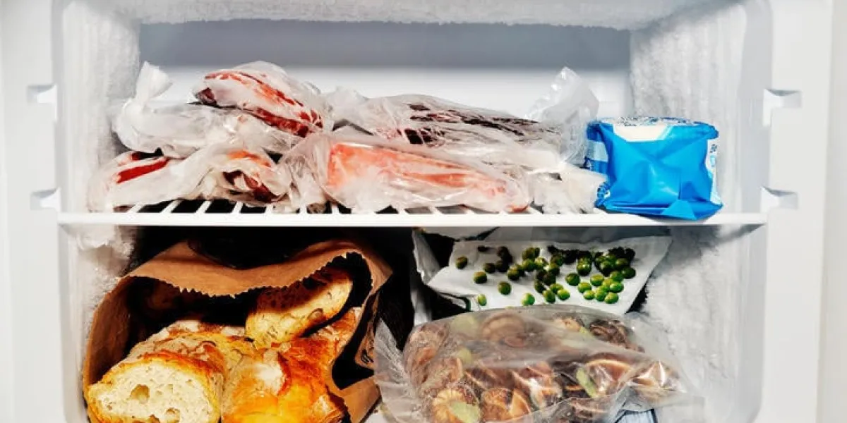 compartiment congélateur d'un réfrigérateur contenant de la viande et des légumes congelés ainsi que du pain