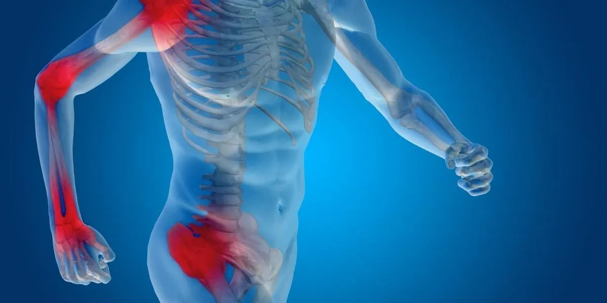 anatomie corporelle conceptuelle douleur articulaire sur fond bleu