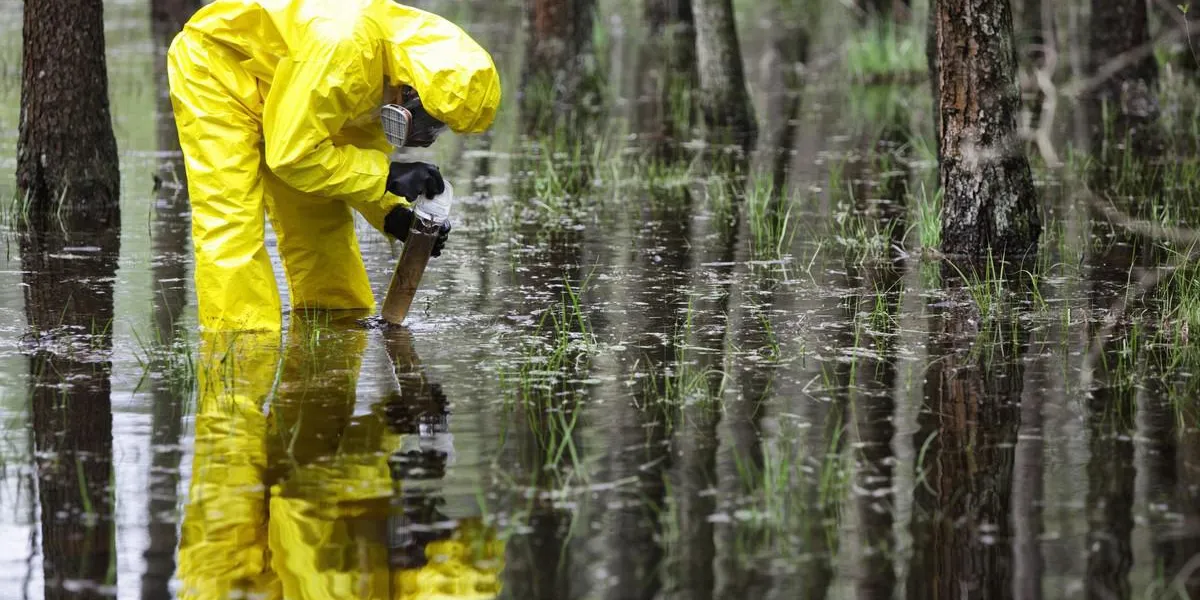 prélèvement d'un échantillon d'eau dans un conteneur dans une zone contaminée par des inondations