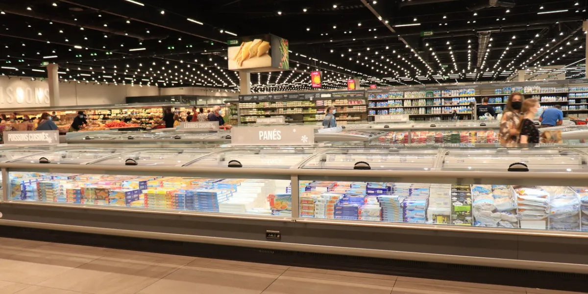 moulins, france - september 11th 2021  supermarket interior in a french eleclerc supermarket frozen products department  fish, meat and vegetables in freezers
