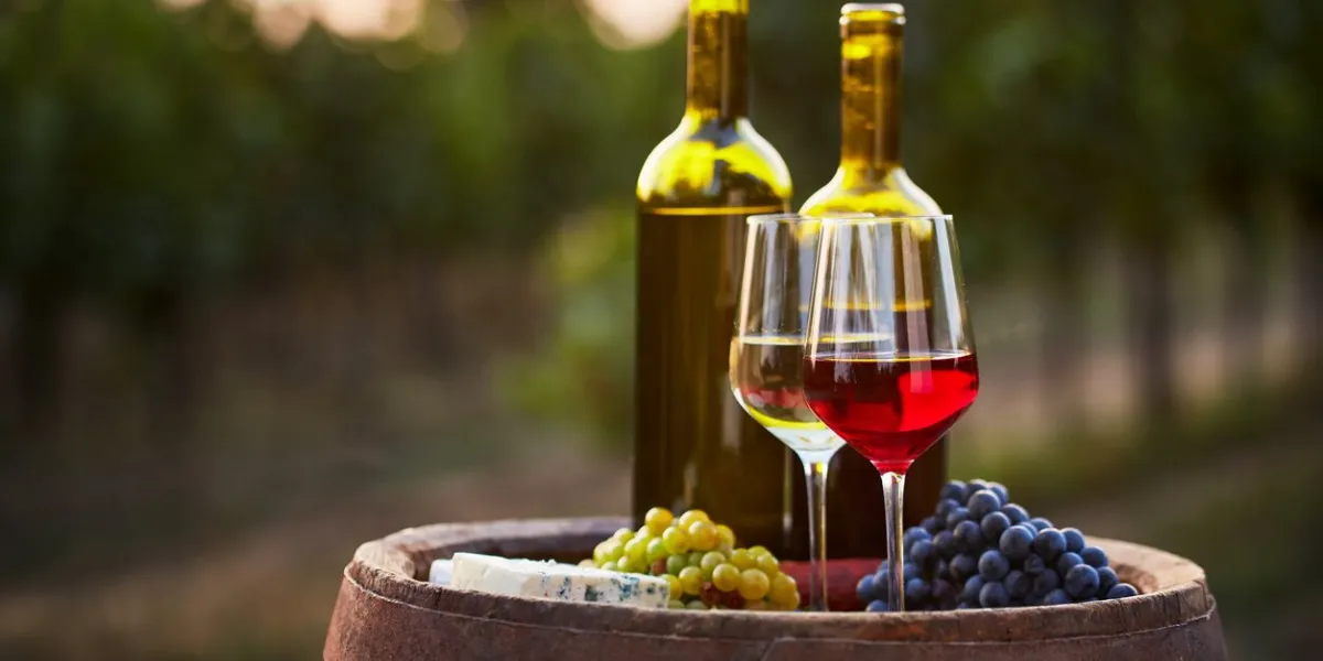 pair of wine glasses and bottles on old barrel with bunch of grapes