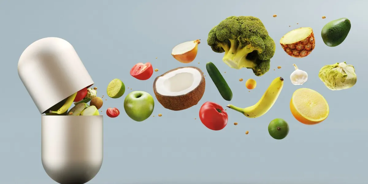 vitamins pill, organic vegetables and fruit, illustration