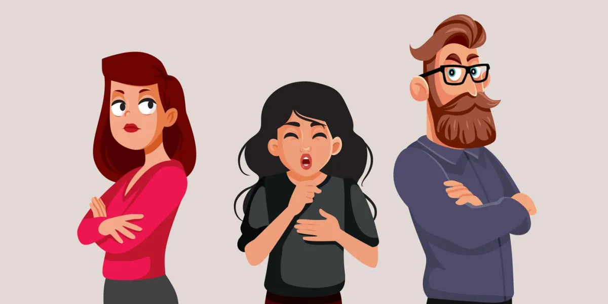 woman coughing making her colleagues suspicious vector illustration