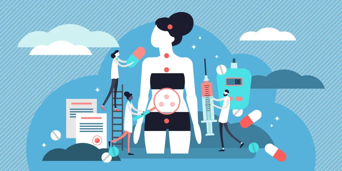 endocrinology vector illustration tiny hormones diseases persons concept abstract medicine and biology endocrine system branch behavioral or comparative treatment research anatomical gland problem