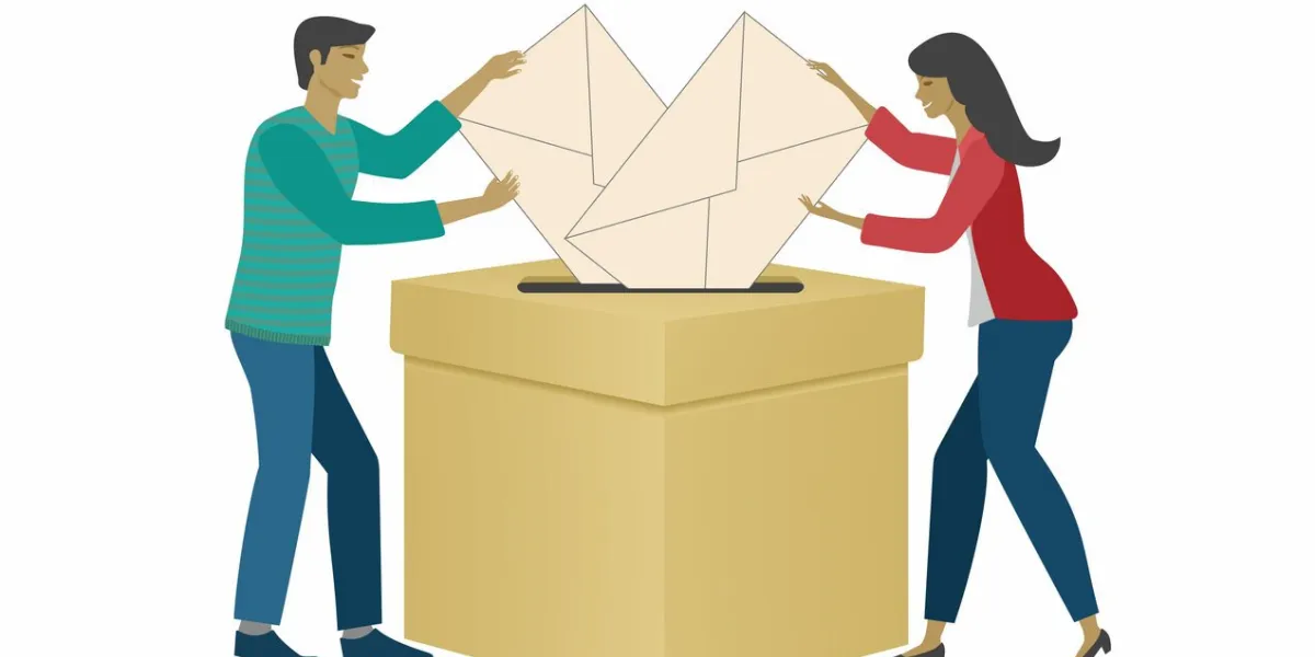 man and woman leaving their votes in polling box with big envelopes the importance of say your opinion vote, election isolated vector illustration