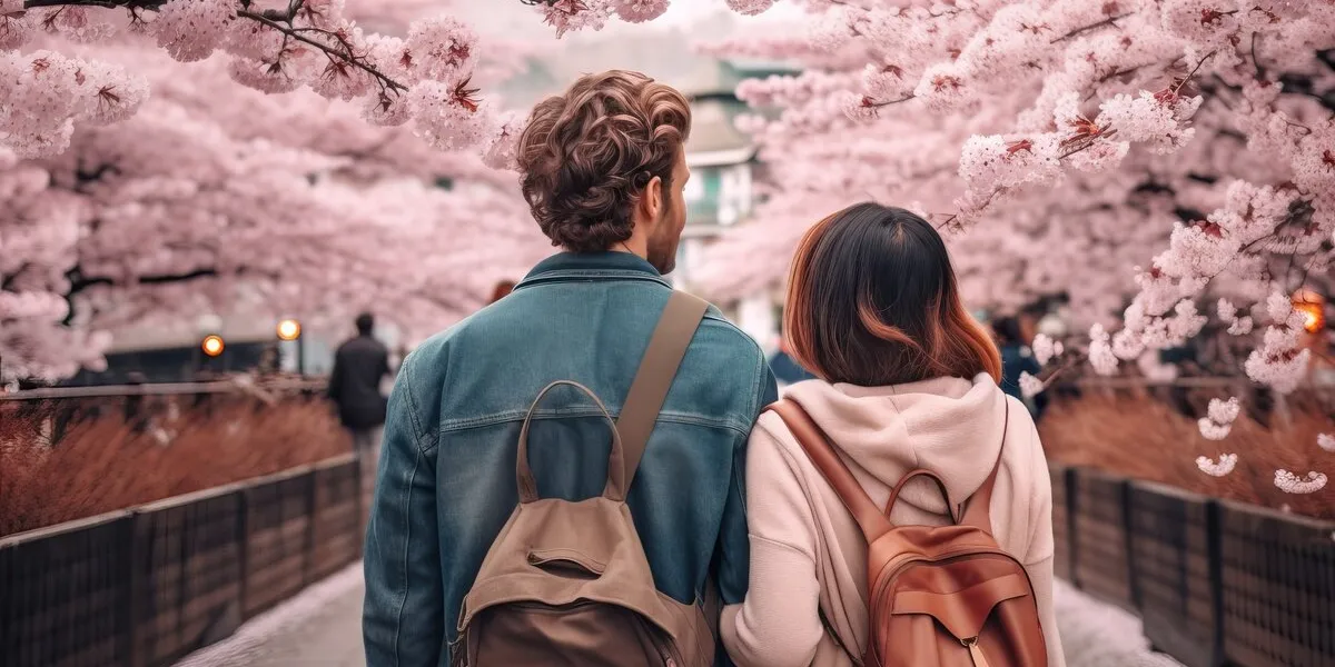 rearview multiethnic couple travelling in japan in sakura bloom season happy young travelers exploring in city