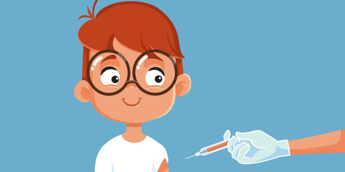 nurse vaccinating a happy boy vector cartoon illustration